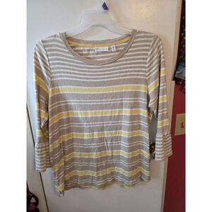 Rafaella Top Womens XL Striped Cotton Tshirt 3/4 Sleeve Gray Yellow White